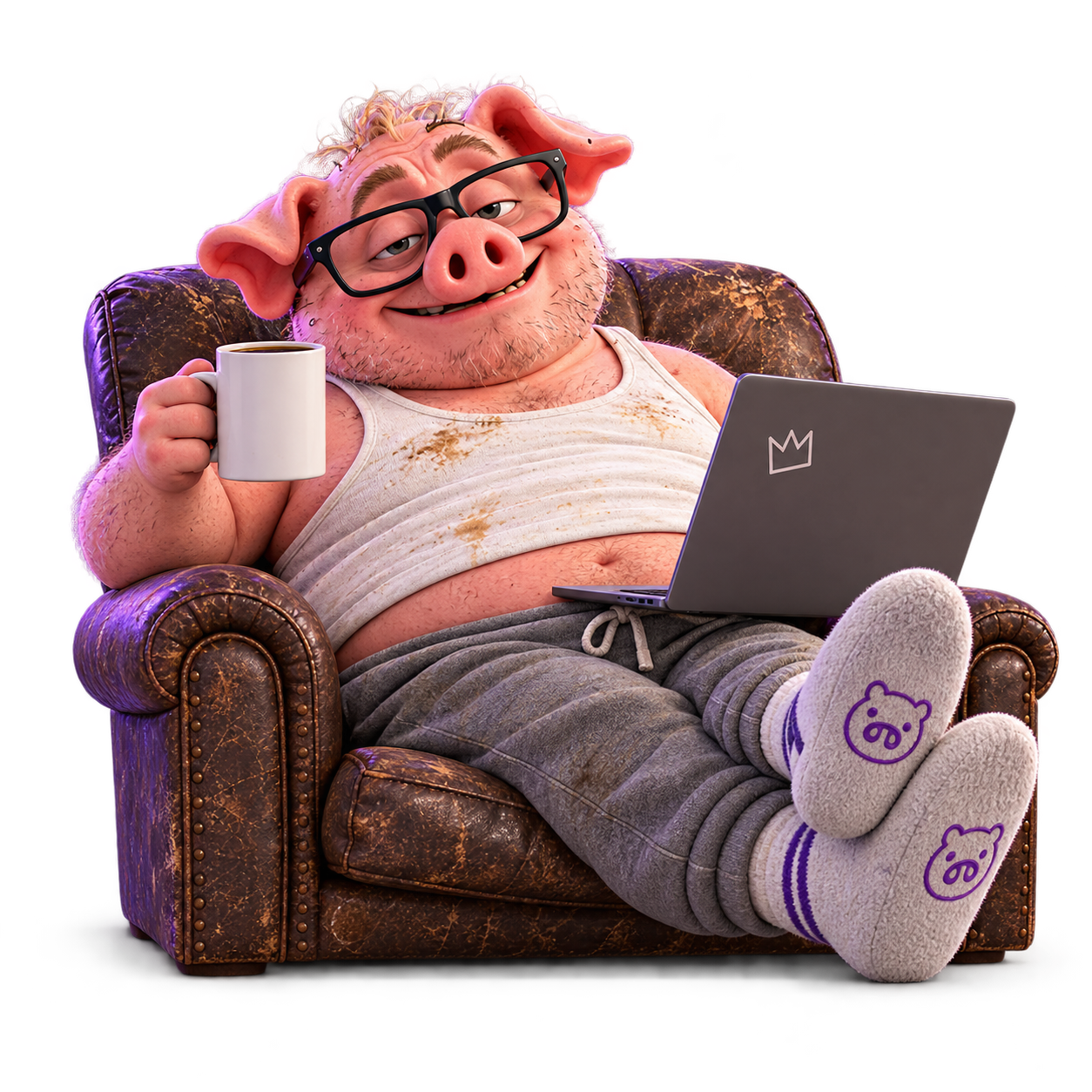 A masked superhero pig lounging with pizza and a can of Hog Fuel
